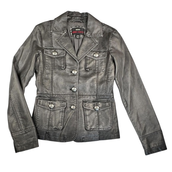 Vintage Miss Sixty Gray Faux Leather Fitted Flare Jacket w Buttoned Pockets XS - Picture 1 of 14
